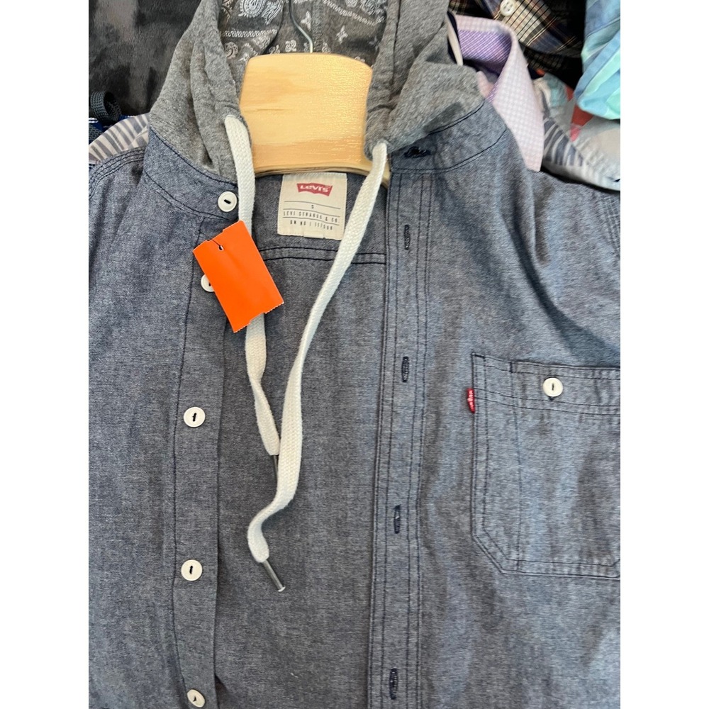 Mens Levi Strauss & Co Blue Chambray Button Up Hooded Shirt Size S